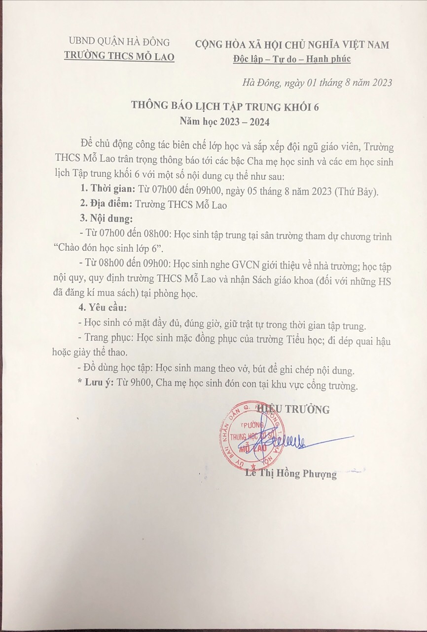 lịch tập trung hs