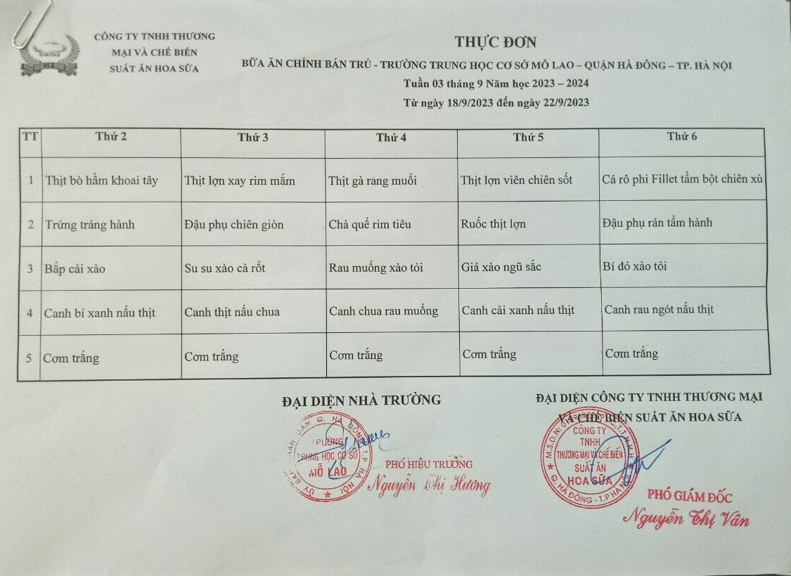 Thực đơn bán trú tuần 3