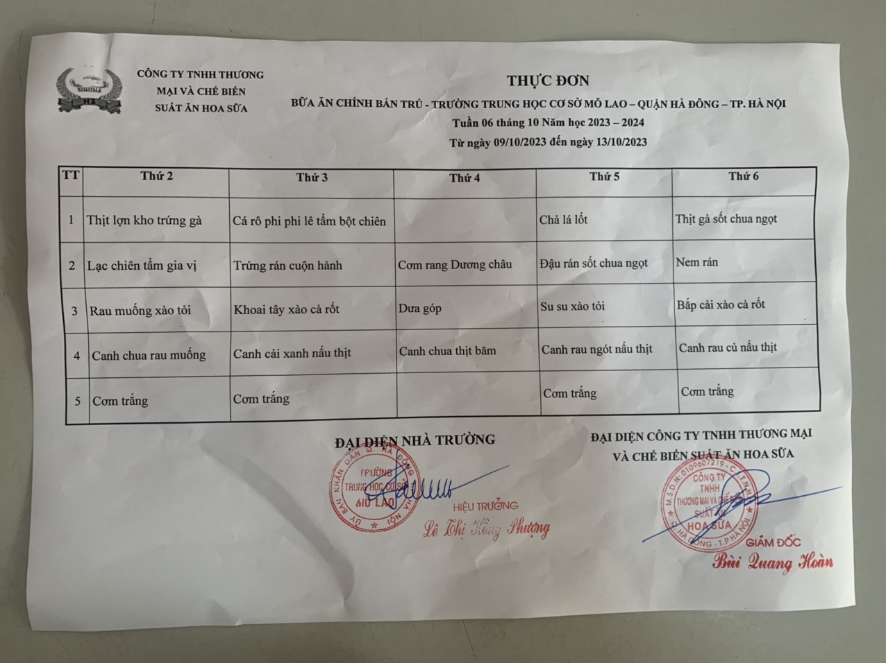 thực đơn bán trú tuần 6