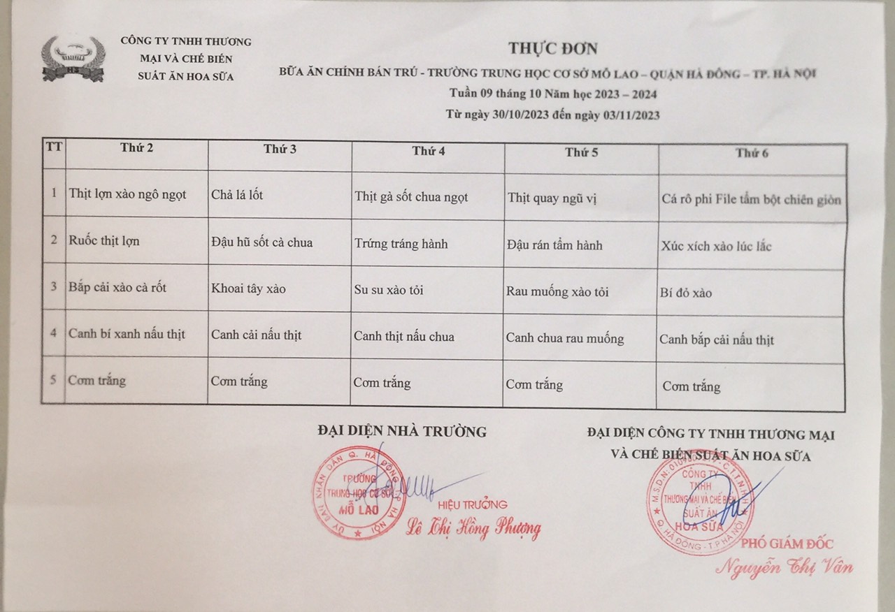 thực đơn tuần 9