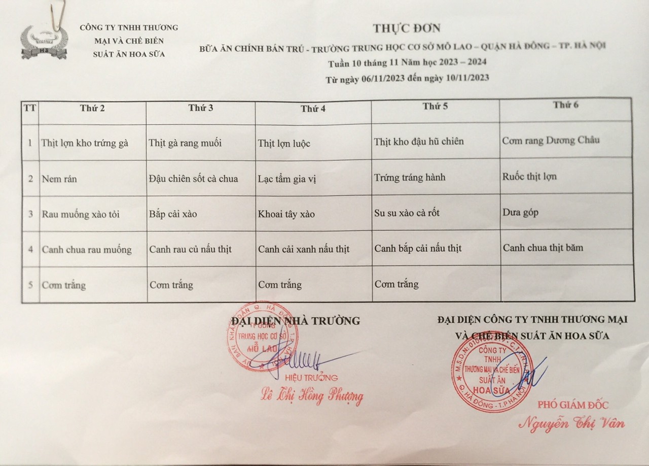thực đơn bán trú tuần 10
