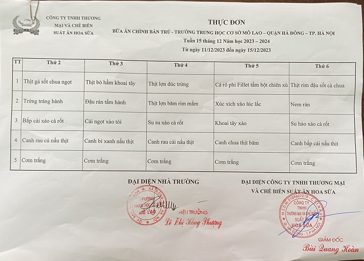 thực đơn tuần 15