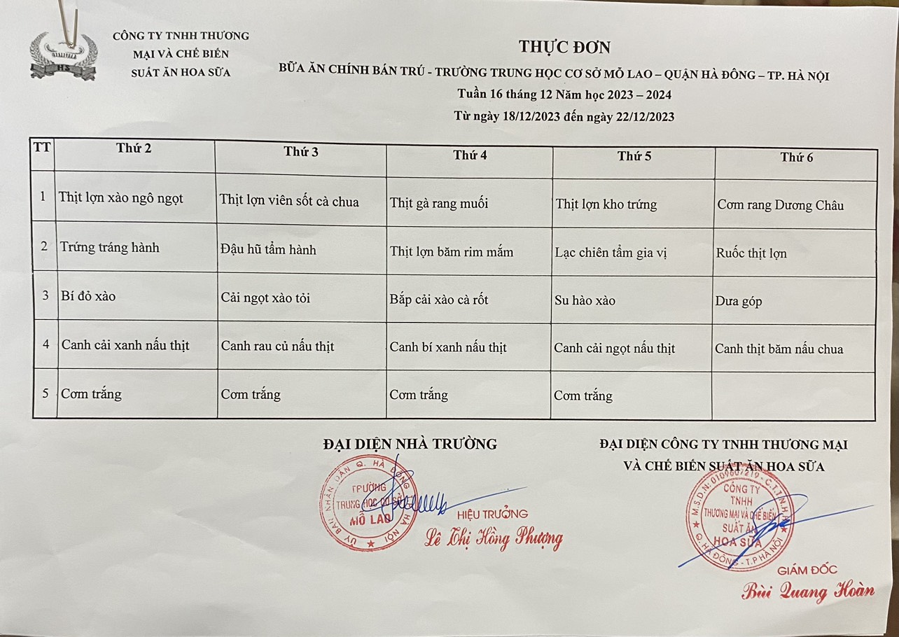 thực đơn tuần 16