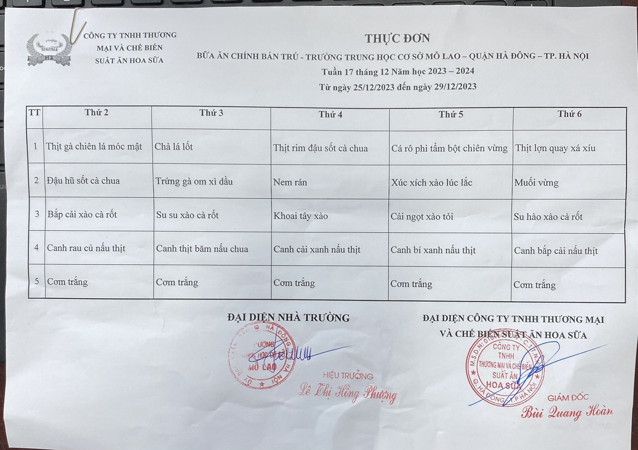 thực đơn tuần 17