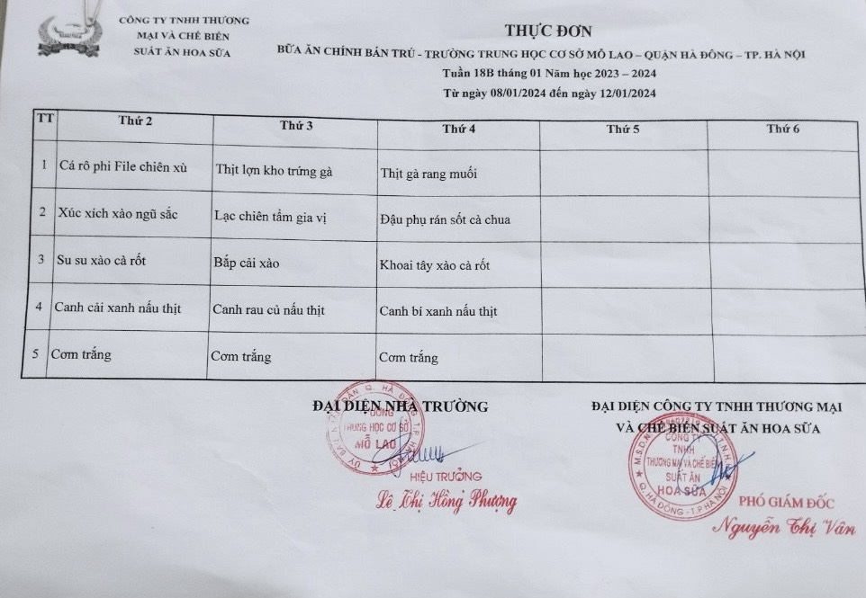 thực đơn bán trú tuần 18 B