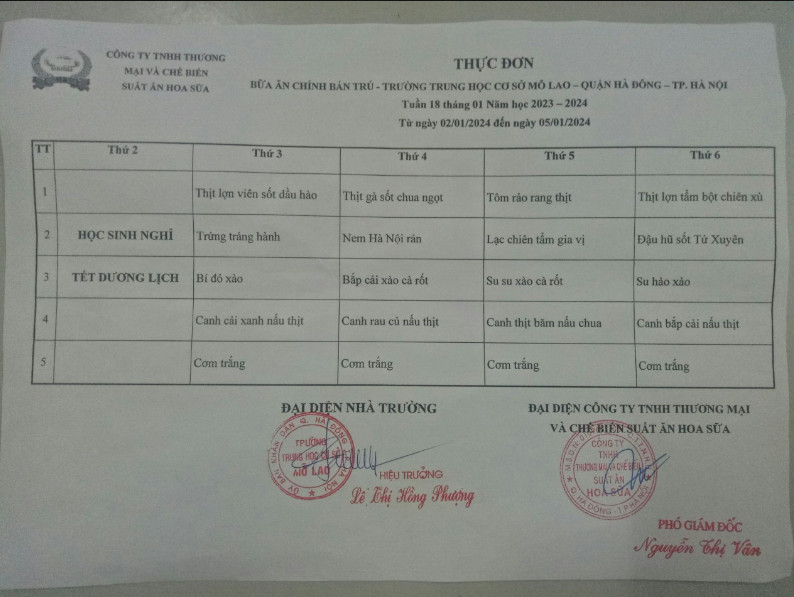 thực đơn tuần 18 A