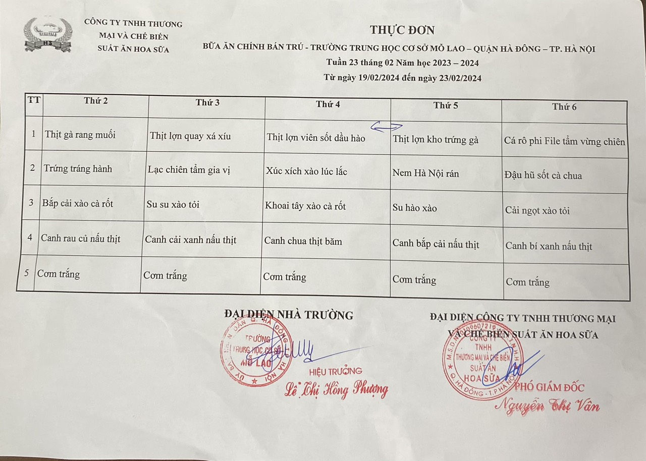 thực đơn tuần 23