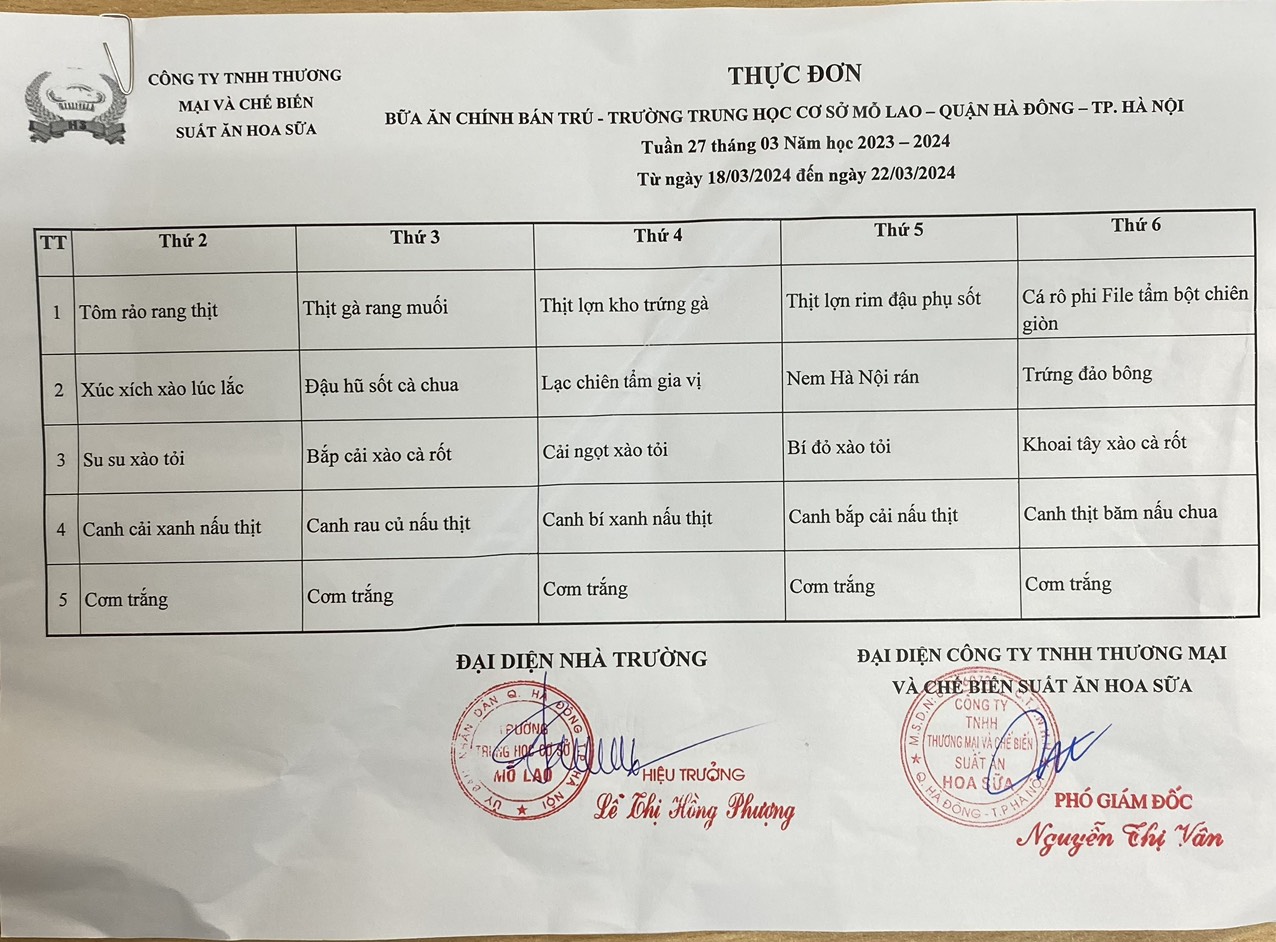 thực đơn tuần 27