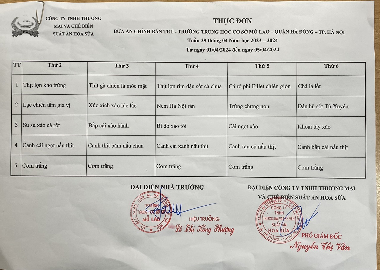 thực đơn tuần 29
