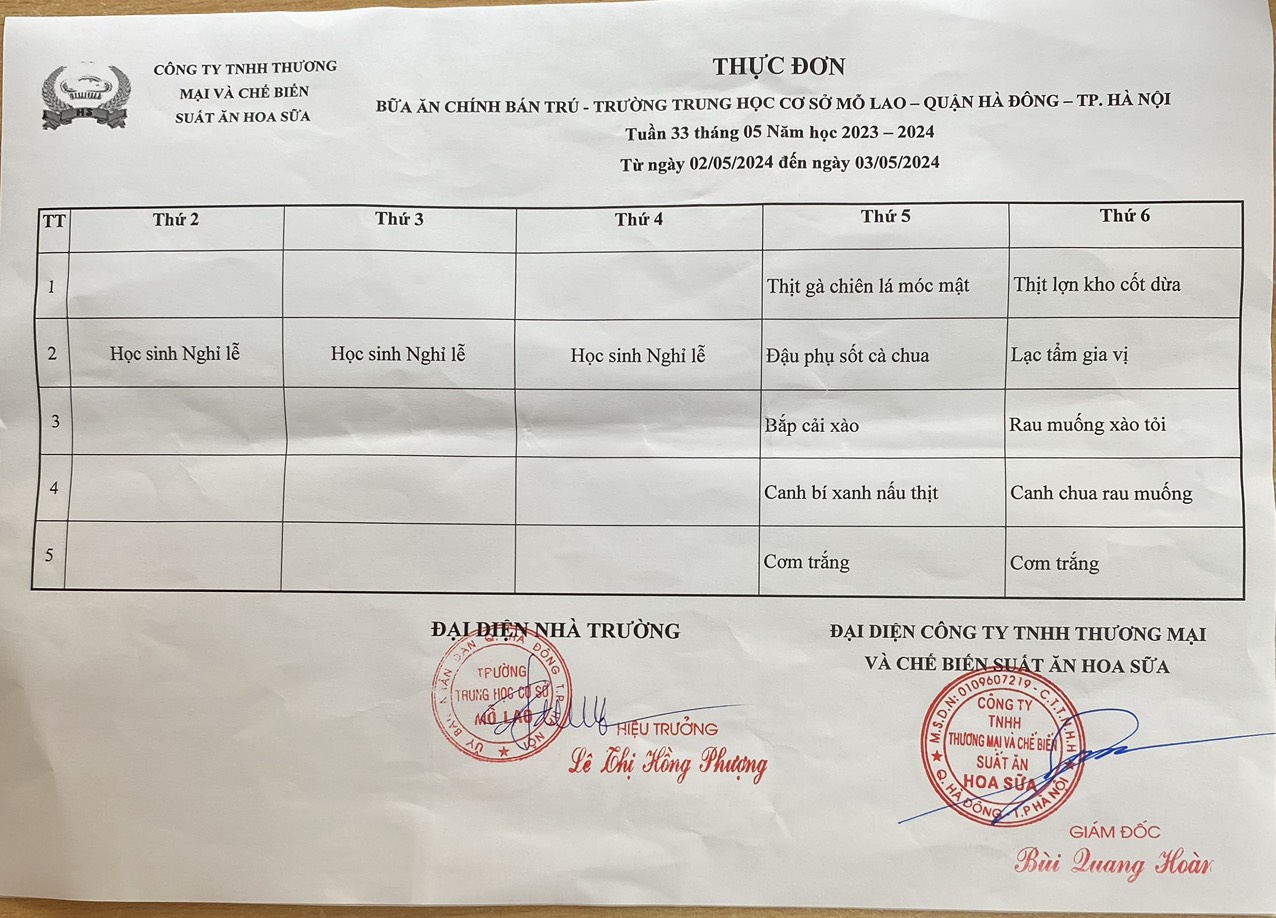 Thực đơn tuần 33